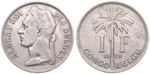 Belgian Congo, Colony, Albert I, 1 Franc Copper-Nickel 1929, Laureate head of the King left, KM 20 French Legend, A.XF