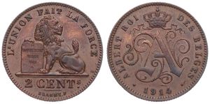 Belgium, Kingdom, Albert I, 2 Centimes Copper 1914FR, Seated lion with tablet, Morin 314, RARE DATE, A.UNC