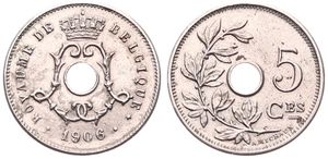 Belgium, Kingdom, Leopold II, 5 Centimes Copper-Nickel 1906FR, Center hole within crowned monogram, Morin 277, A.UNC