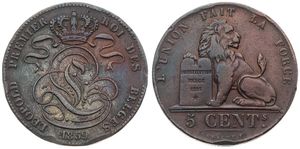 Belgium, Kingdom, Leopold I, 5 Centimes Bronze 1859, Seated lion with tablet, Morin 85, RARE VARIETY IN BRONZE !, A.VF (edgenicks)