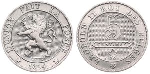 Belgium, Kingdom, Leopold II, 5 Centimes Copper-Nickel 1894FR, Rampant lion within circle left, Morin 244, A.UNC
