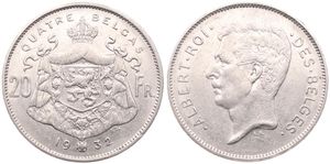 Belgium, Kingdom, Albert I, 20 Francs (4 Belgas) Nickel 1932FR (Position B), Head left, Morin 378b, A.XF