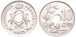 Belgium, Kingdom, Albert I, 10 Centimes Copper-Nickel 1922FL, Center hole within crowned monogram, Morin 341, UNC
