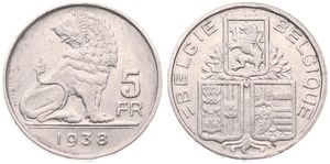 Belgium, Kingdom, Leopold III, 5 Francs Nickel 1938FL/FR (Position B), Seated lion right looking left, Morin 455d, RARE DATE, (Edge lettering with star), VF