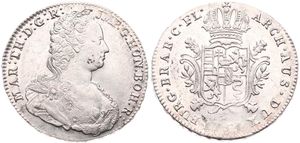 Austrian Netherlands, Maria Theresia, 1 Ducaton Silver 1754(l) R, Bust right with décolletage / Crowned ornate arms, KM 8.2 - Bruges, RARE, A.XF