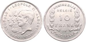 Belgium, Kingdom, Albert I, 10 Francs (2 Belgas) Nickel 1930FL (Position A), 100th Anniversary of Belgian Independence, Morin 381a, XF