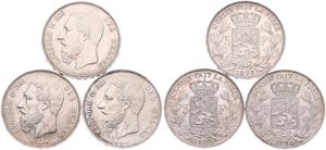 Belgium, Kingdom, Leopold II, Good lot with 3 different 5 Francs silver coins in nice grades including scarcer dates..