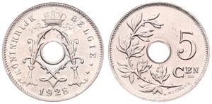 Belgium, Kingdom, Albert I, 5 Centimes Copper-Nickel 1928FL, Center hole within crowned monogram, Morin 372, UNC