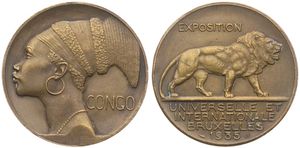 Belgian Congo, Colony, Leopold III, Medal in Gilt Copper 1935 by P. Turin, Exposition Universelle & Internationale Bruxelles - Congo, Head of a native woman left / Lion walking right, XF