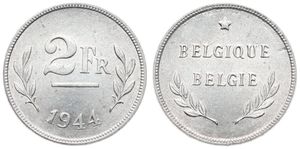 Belgium, Kingdom, Leopold III, 2 Francs Zinc Coated Steel 1944FR/FL, Liberation - Denomination flanked by sprays, date below, Morin 501, UNC