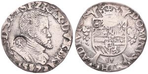 Spanish Netherlands, Philip II, 1/5 Filipsdaalder Silver 1572, Bust right with countermark/ Crowned arms on cross, VH 306.AN - Antwerp, F/VF