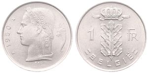 Belgium, Kingdom, Prince Charles, 1 Franc Copper-Nickel 1950FL, Head of Ceres left, Morin 528, UNC