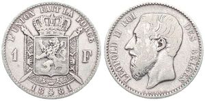 Belgium, Kingdom, Leopold II, 1 Franc Silver 1881FR, Bearded head left, Morin 176, RARE DATE, F/VF