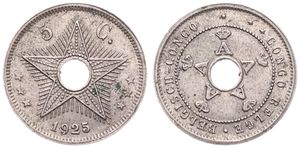 Belgian Congo, Colony, Albert I, 5 Centimes Copper-Nickel 1925, Center hole flanked by crowned monograms within beaded circle, KM 17, VARIETY : HIGH 5 IN DATE, XF