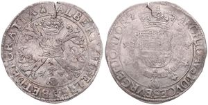 Spanish Netherlands, Albrecht & Isabella, 1 Patagon Silver ND (1612-1621), Crown above cross and monograms / Crowned arms with collar, VH 619.TO - Tournai, A.VF