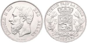 Belgium, Kingdom, Leopold II, 5 Francs Silver 1874, Bearded head left, Morin 161, XF/AU