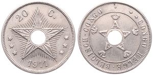 Belgian Congo, Colony, Albert I, 20 Centimes Copper-Nickel 1911, Center hole flanked by crowned monograms within beaded circle, KM 19, UNC