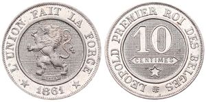 Belgium, Kingdom, Leopold I, 10 Centimes Copper-Nickel 1861, Rampant lion within circle left, Morin 133, UNC