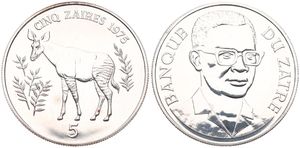 Zaire, Republic, 5 Zaires Silver 1975, Conservation - Okapi left, KM 10, B.UNC