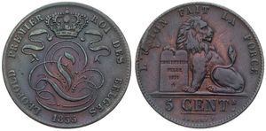 Belgium, Kingdom, Leopold I, 5 Centimes Copper 1855, Seated lion with tablet, Morin 81, RARE DATE, VF
