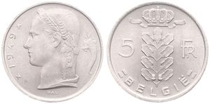 Belgium, Kingdom, Prince Charles, 5 Francs Copper-Nickel 1949FL, Head of Ceres left, Morin 524, UNC