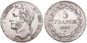 Belgium, Kingdom, Leopold I, 5 Francs Silver 1832, Laureate head left, Morin 7b (Position B), RARE DATE, VF