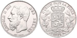 Belgium, Kingdom, Leopold II, 5 Francs Silver 1871, Bearded head left, Morin 158, XF