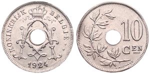 Belgium, Kingdom, Albert I, 10 Centimes Copper-Nickel 1924FL, Center hole within crowned monogram, Morin 343, UNC