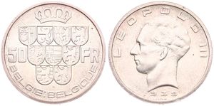 Belgium, Kingdom, Leopold III, 50 Francs Silver 1939FL/FR (Position A), Crown above nine shields, Morin 445a, XF/AU