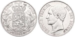 Belgium, Kingdom, Leopold I, 5 Francs Silver 1865/55, Bare head left, Morin 45c, VARIETY WITH DOT AFTER F & OVERSTRIKE, VF