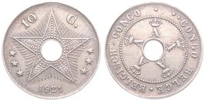 Belgian Congo, Colony, Albert I, 10 Centimes Copper-Nickel 1921, Center hole flanked by crowned monograms within beaded circle, KM 18, VF (Struck at Heaton / Birmingham)