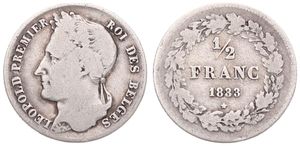 Belgium, Kingdom, Leopold I, 1/2 Franc Silver 1833, Laureate head left, Morin 28, VERY RARE KEY DATE !, Fine