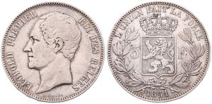Belgium, Kingdom, Leopold I, 5 Francs Silver 1851, Bare head left, Morin 41a, VARIETY WITH DOT ABOVE DATE, VF