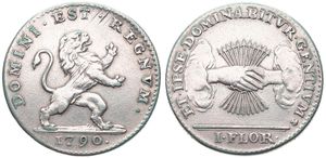 Austrian Netherlands, Insurrection Coinage, 1 Florin Silver 1790(b), Rampant lion right / Arrows back of grasped hands at center, KM 49 Brussels, RARE !, A.XF (slightly cleaned)