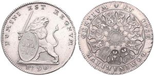 Austrian Netherlands, Insurrection Coinage, 3 Florins Silver 1790(b), Rampant lion right holding sword and shield / 11 Shields surround central radiant design, KM 50 Brussels with LARGE DATE, RARE !, XF