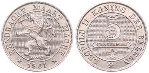 Belgium, Kingdom, Leopold II, 5 Centimes Copper-Nickel 1901FL, Rampant lion within circle left, Morin 253, UNC