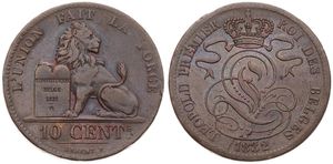 Belgium, Kingdom, Leopold I, 10 Centimes Copper 1832, Seated lion with tablet, Morin 61, VF