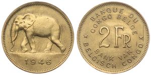Belgian Congo, Colony, Prince Charles, 2 Francs Brass 1946, African Elephant left, KM 28, XF