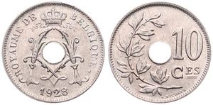 Belgium, Kingdom, Albert I, 10 Centimes Copper-Nickel 1928FR, Center hole within crowned monogram, Morin 349, UNC