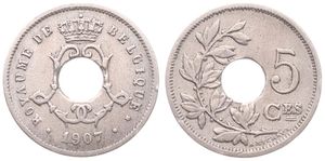 Belgium, Kingdom, Leopold II, 5 Centimes Copper-Nickel 1907FR, Center hole within crowned monogram, Morin 279, VARIETY WITH LARGER CENTRAL HOLE, VF