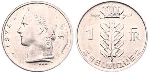 Belgium, Kingdom, Baudouin I, 1 Franc Copper-Nickel 1974FR, Head of Ceres left, Morin 638, RARE VARIETY : STRUCK IN MEDAL ALIGNMENT, A.UNC