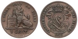 Belgium, Kingdom, Leopold I, 1 Centime Copper 1857, Seated lion with tablet, Morin 125, SCARCER DATE, A.XF