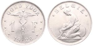 Belgium, Kingdom, Albert I, 1 Franc Nickel 1928FL, Kneeling woman left, Morin 401, UNC