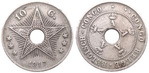 Belgian Congo, Colony, Albert I, 10 Centimes Copper-Nickel 1917, Center hole flanked by crowned monograms within beaded circle, KM 18, A.VF (Struck at Heaton / Birmingham)