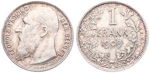 Belgium, Kingdom, Leopold II, 1 Franc Silver 1909FL, Bearded head left, Morin 201a, VARIETY WITHOUT DOT IN ENGRAVERS NAME, XF/AU