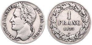 Belgium, Kingdom, Leopold I, 1 Franc Silver 1835, Laureate head left, Morin 24, VF+