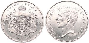Belgium, Kingdom, Albert I, 20 Francs (4 Belgas) Nickel 1932FL (Position B), Head left, Morin 379b, XF