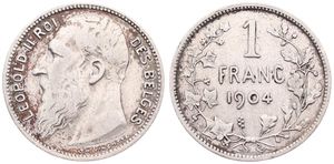 Belgium, Kingdom, Leopold II, 1 Franc Silver 1904FR, Bearded head left, Morin 198a, VARIETY WITHOUT DOT IN ENGRAVERS NAME, A.VF
