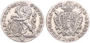 Austrian Netherlands, Maria Theresia, 1 Escalin Silver 1767(b), Rampant lion holding sword and shield, KM 15 Brussels, A.XF