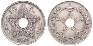 Belgian Congo, Colony, Albert I, 10 Centimes Copper-Nickel 1928, Center hole flanked by crowned monograms within beaded circle, KM 18, XF
